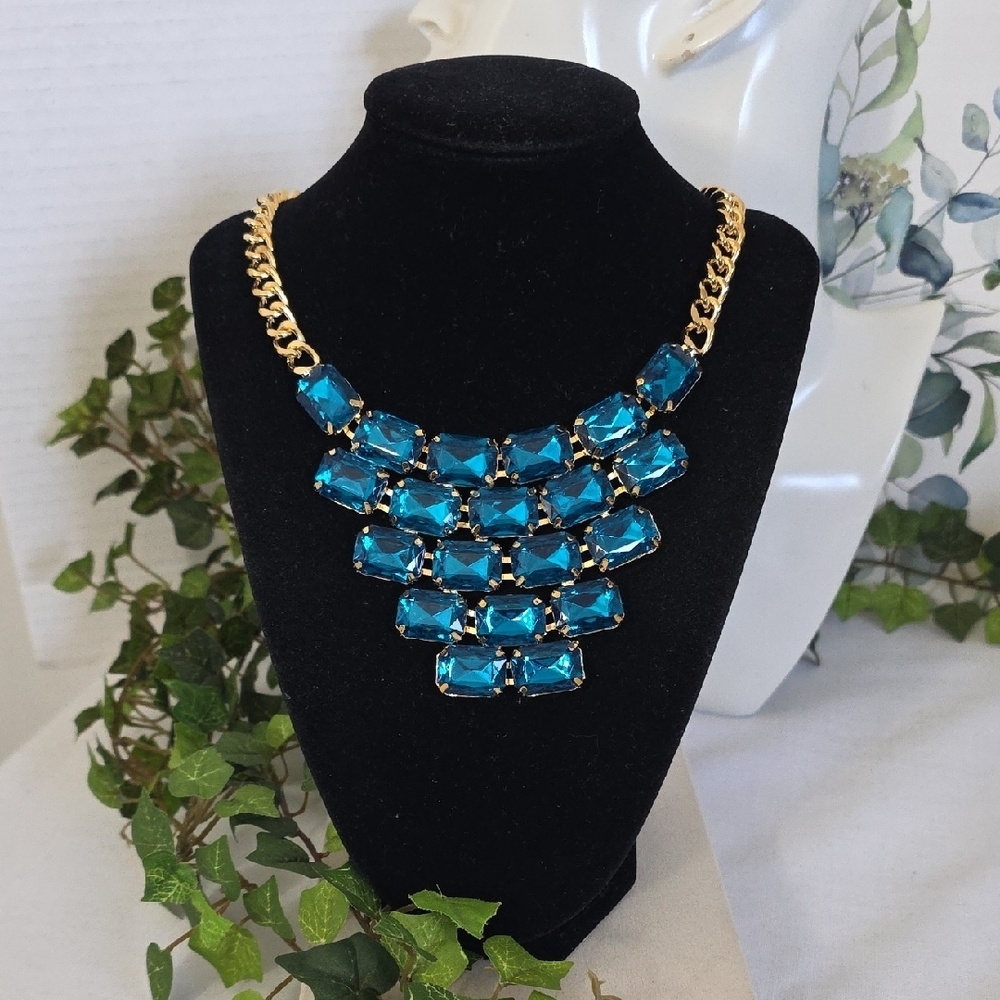 Statement Glam Gold Chain and Blue Bib Necklace